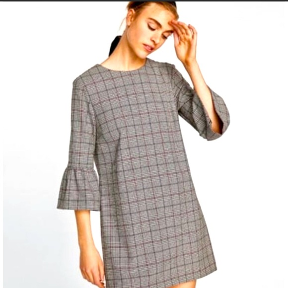 NWOT. Plaid shift dress with bell sleeves. - Picture 5 of 5